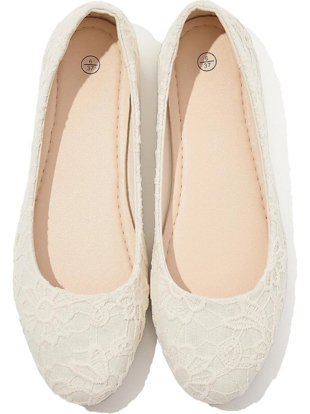 Women's Beige Round Toe Lace Mesh Ballet Flats Comfortable Low Heel Shoes